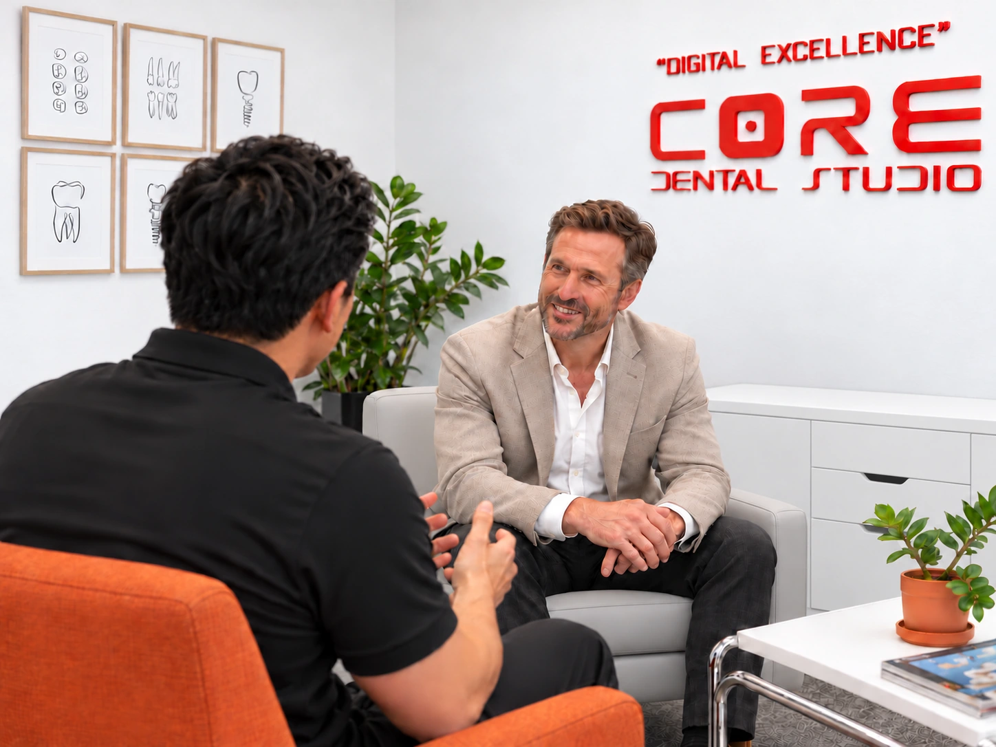 Illustrative discussion between a Core representative and a client in a bright office with dental line art
