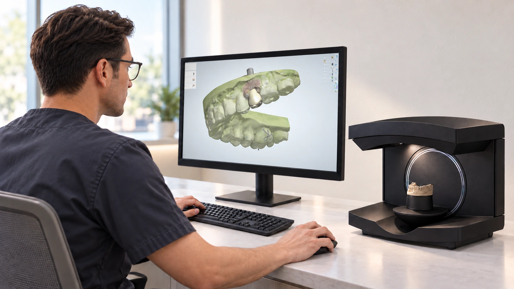 Dental technician reviewing the supplied implant CAD case beside a tabletop lab scanner